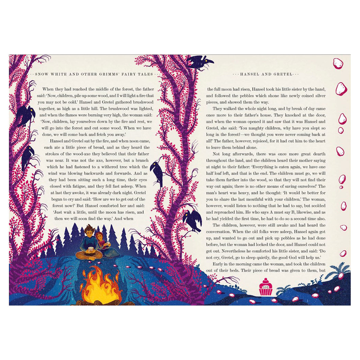 Illustrated Hansel and Gretel book spread with purple trees, a campfire, and children lost in a dark forest.