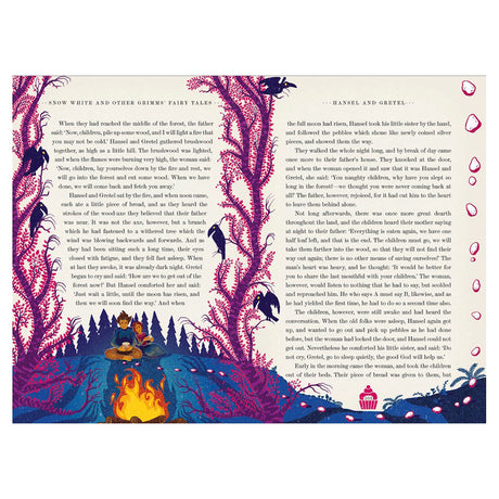 Illustrated Hansel and Gretel book spread with purple trees, a campfire, and children lost in a dark forest.