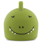 Cute green dino lamp with a round body and a small horn on top, featuring a large, smiling mouth with tiny teeth and shut eyes, exuding a playful vibe.