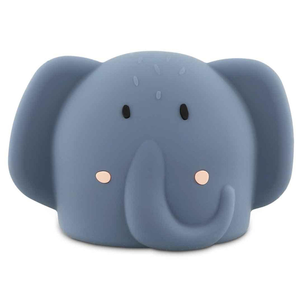 Cute blue elephant toy with round ears, small black eyes, and blush pink cheeks. It has a friendly expression, conveying a playful, gentle tone.