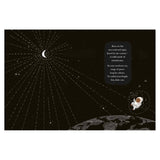 Illustration of a baby in a space helmet floating over Earth, surrounded by stars and a crescent moon. Poetic text on the right adds a dreamy tone.