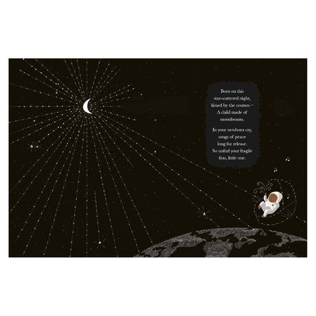 Illustration of a baby in a space helmet floating over Earth, surrounded by stars and a crescent moon. Poetic text on the right adds a dreamy tone.
