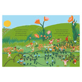 Illustration of children playing in a vibrant, grassy field with colorful flowers and giant blossoms. The scene is lively and joyful, with text about dreams and potential.
