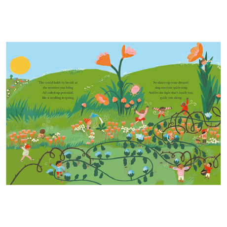Illustration of children playing in a vibrant, grassy field with colorful flowers and giant blossoms. The scene is lively and joyful, with text about dreams and potential.
