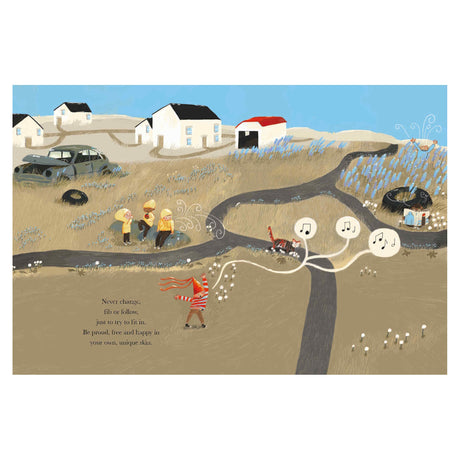 A person in a red and white striped outfit walks along a rural path, playfully interacting with musical notes. Three children watch nearby. The scene is cheerful, with houses and a blue sky in the background. A quote encourages uniqueness.