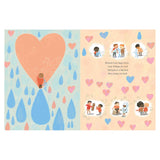 Illustrated pages with a central large heart surrounded by blue and pink raindrops. Children comfort each other, reflecting tenderness and healing. Text reads about honoring feelings and the healing power of tears.