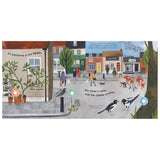 Illustrated children's book page showing a busy town street scene with birds and interactive sound buttons.