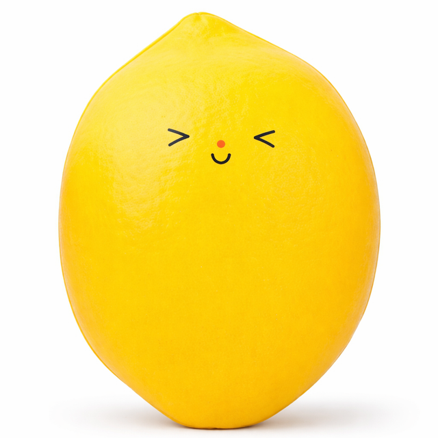 A bright yellow lemon-shaped plush with a cute, joyful face featuring closed eyes, a small smile, and a red nose, conveying a playful, cheerful tone.