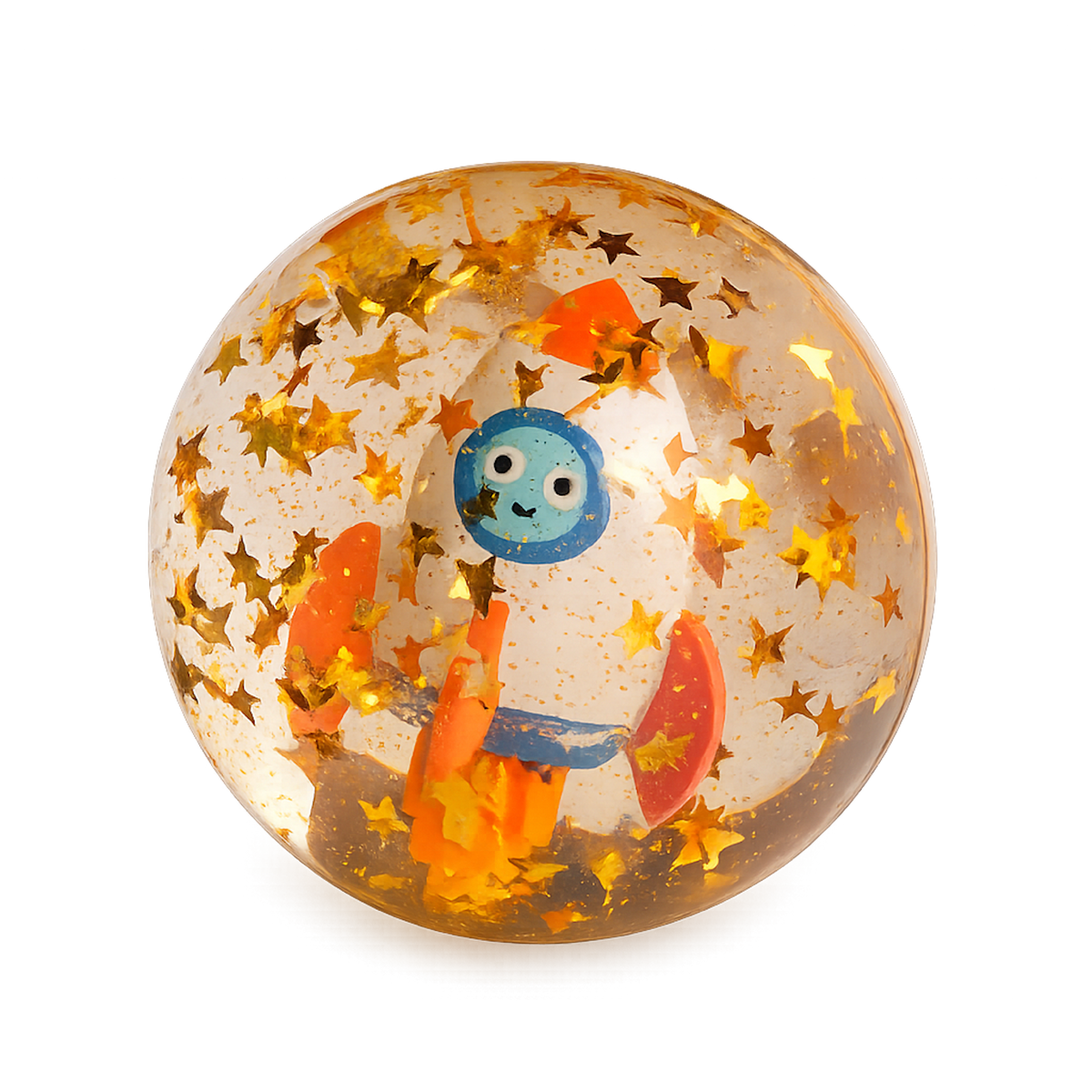 A transparent ball contains a smiling cartoon rocket surrounded by golden star confetti. The playful scene exudes a whimsical, space-themed charm.