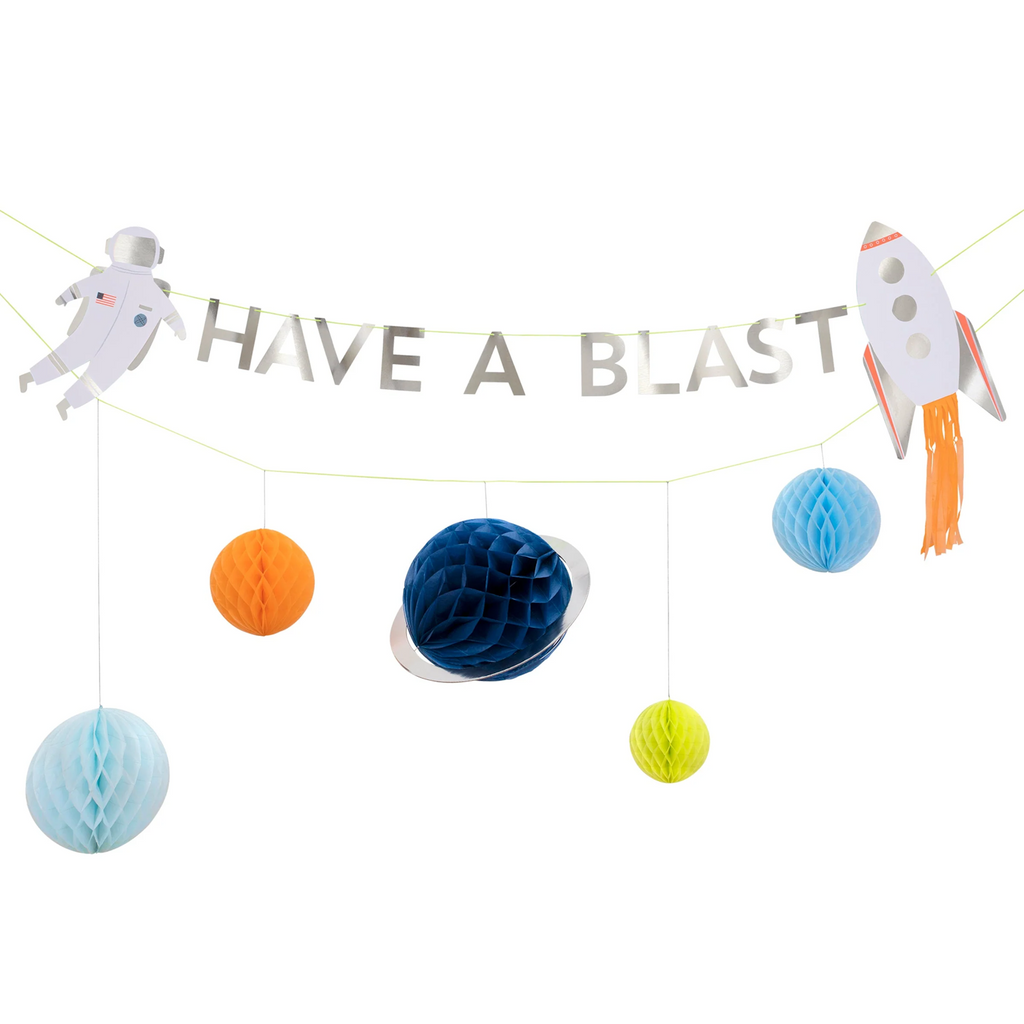 A cosmic-themed decoration featuring colorful cutouts of planets, rockets, and stars, perfect for space-themed parties and rooms.