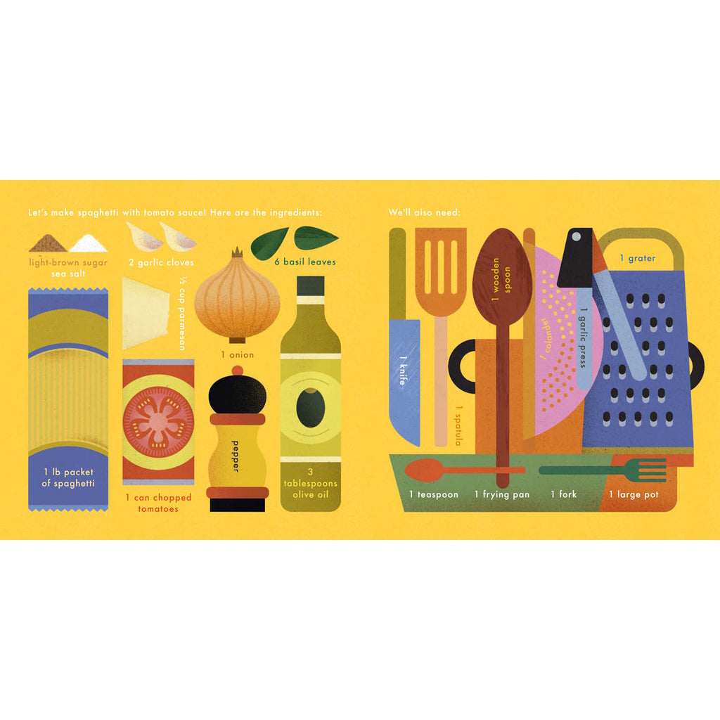A fun, hands-on board book that teaches young children how to make spaghetti through playful illustrations and interactive elements that mimic real cooking steps.