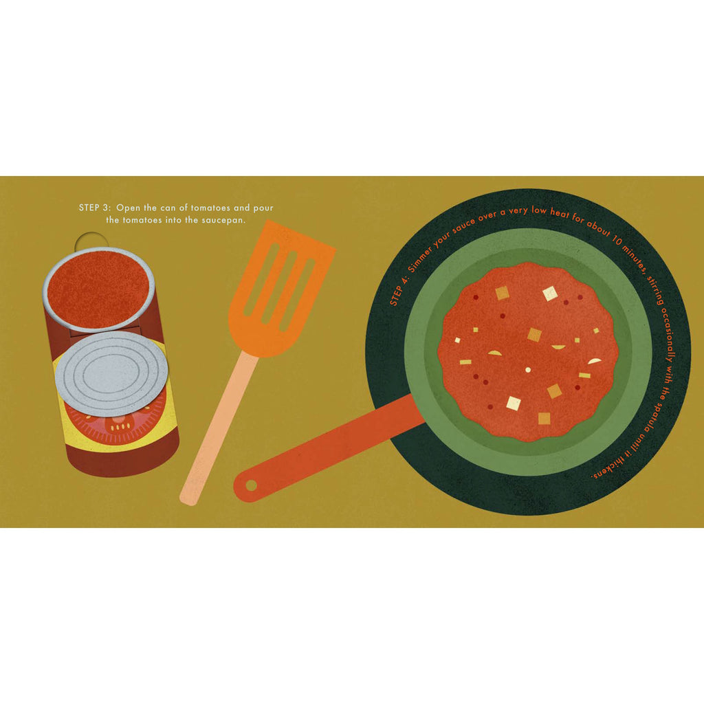 A fun, hands-on board book that teaches young children how to make spaghetti through playful illustrations and interactive elements that mimic real cooking steps.