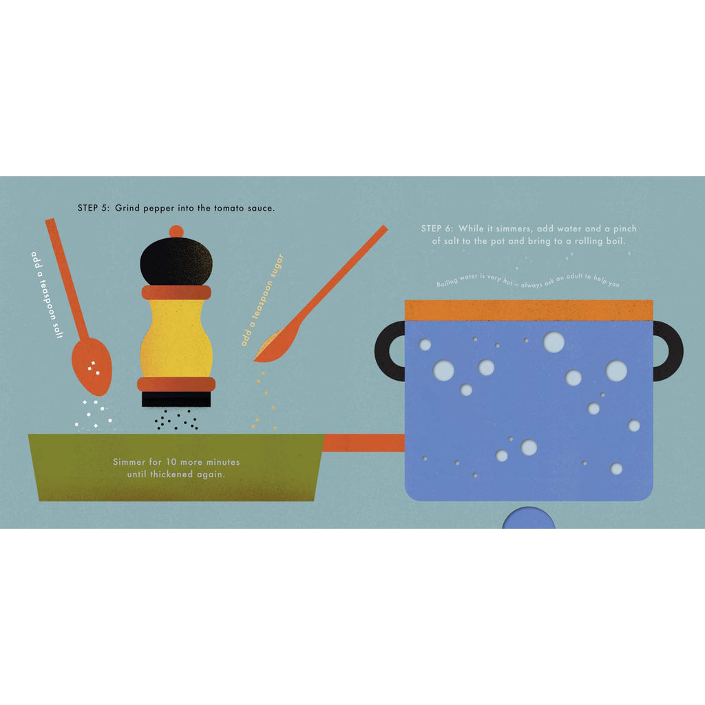 A fun, hands-on board book that teaches young children how to make spaghetti through playful illustrations and interactive elements that mimic real cooking steps.