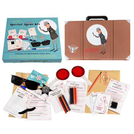 A special agent kit with sunglasses, magnifying glass, secret messages, and various investigation tools, all in a decorative case.