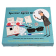 A special agent kit with sunglasses, magnifying glass, secret messages, and various investigation tools, all in a decorative case.