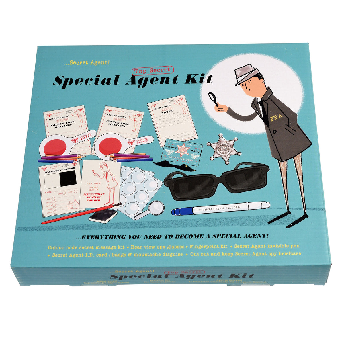 A special agent kit with sunglasses, magnifying glass, secret messages, and various investigation tools, all in a decorative case.
