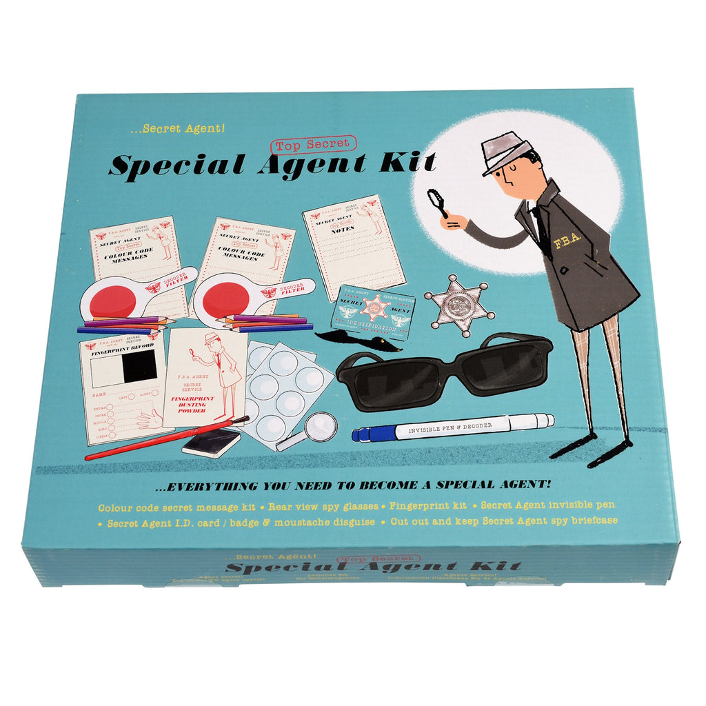 A special agent kit with sunglasses, magnifying glass, secret messages, and various investigation tools, all in a decorative case.