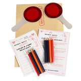 A special agent kit with sunglasses, magnifying glass, secret messages, and various investigation tools, all in a decorative case.