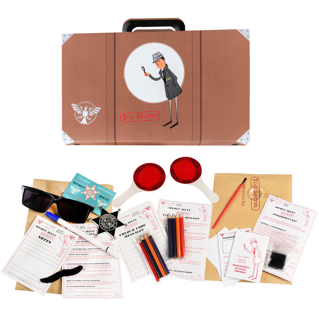 A special agent kit with sunglasses, magnifying glass, secret messages, and various investigation tools, all in a decorative case.