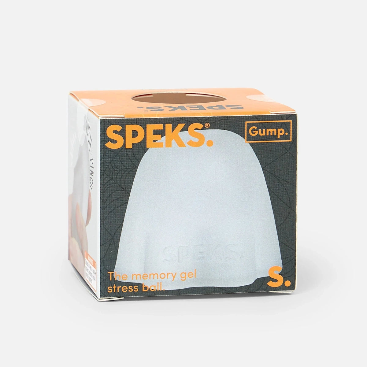 Front view of an orange and dark grey Speks Gump ghost memory gel stress ball product box.