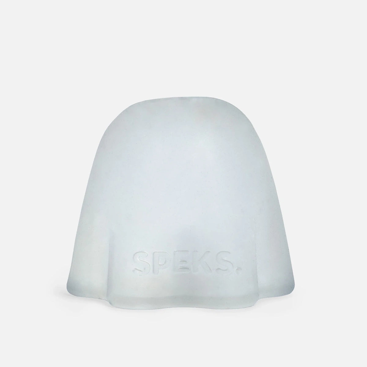Front view of a translucent white silicone ghost container with the embossed text SPEKS on a white background.