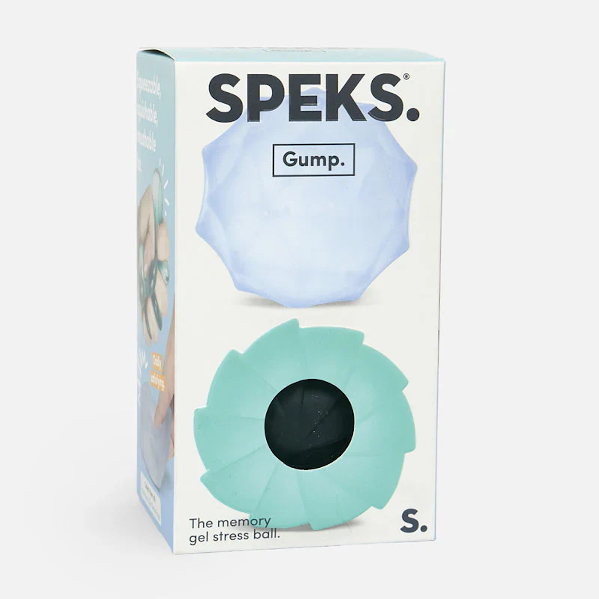 Box for a Speks Gump memory gel stress ball. The package shows a soft blue, petal-shaped ball. Text: “The memory gel stress ball.” Calm, soothing tone.