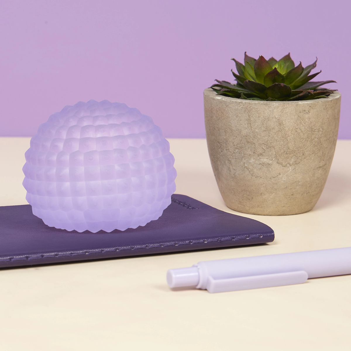 Lavender bumpy sphere on a purple notebook next to a small succulent in a concrete pot, with a lavender pen in the foreground, against a light purple wall.