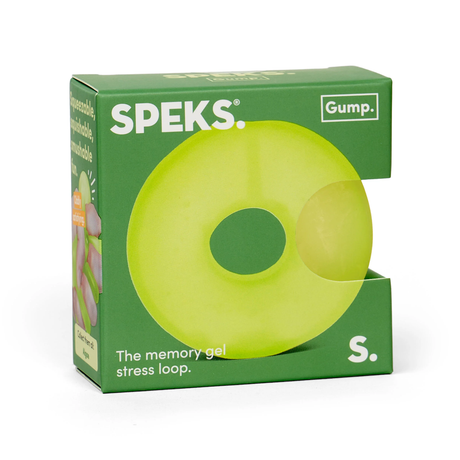 Speks Gump lime green memory gel stress loop ring fidget toy in retail packaging box.