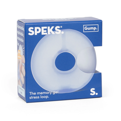 Speks Gump blue memory gel stress loop fidget toy in packaging.