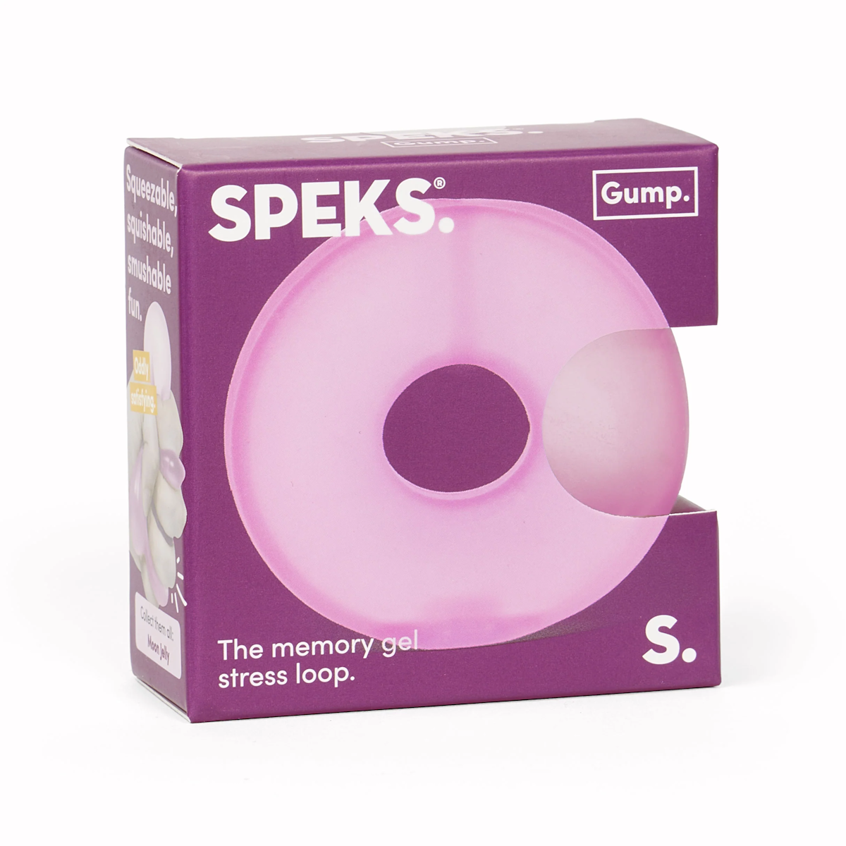 Pink Speks Gump memory gel stress loop fidget toy in purple packaging.