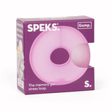 Pink Speks Gump memory gel stress loop fidget toy in purple packaging.