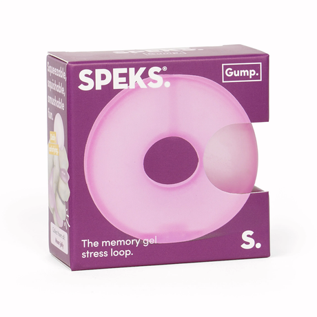 Pink Speks Gump memory gel stress loop fidget toy in purple packaging.