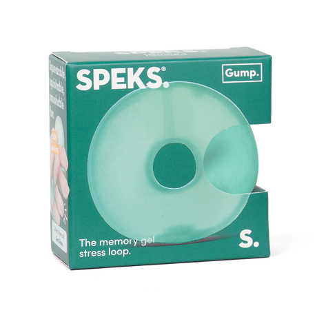 Speks Gump seaglass green memory gel stress ring loop fidget toy in its original packaging.