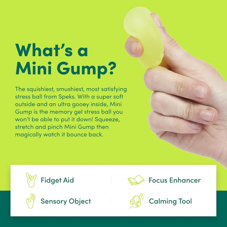 A hand squeezes a yellow stress ball called "Mini Gump" against a bright green background. Text describes it as squishy, smushy, and a memory gel stress ball. Icons below indicate it is a fidget aid, sensory object, focus enhancer, and calming tool.