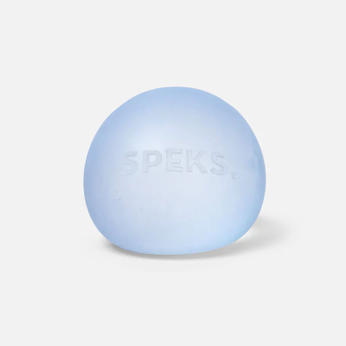 Light blue, translucent stress ball with "SPEKS" embossed on its surface. It rests on a plain white background, conveying calmness and simplicity.