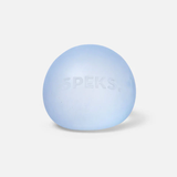 Light blue, translucent stress ball with "SPEKS" embossed on its surface. It rests on a plain white background, conveying calmness and simplicity.