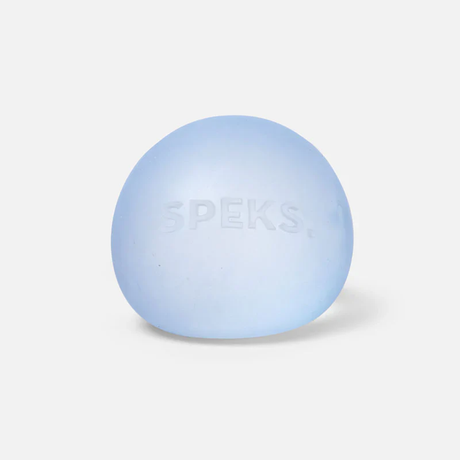 Light blue, translucent stress ball with "SPEKS" embossed on its surface. It rests on a plain white background, conveying calmness and simplicity.