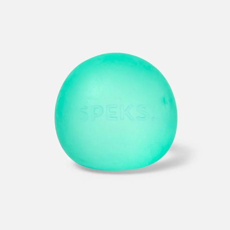 A smooth, turquoise stress ball with the word "SPEKS" subtly embossed on its surface, set against a plain white background. The tone is calming and minimalistic.