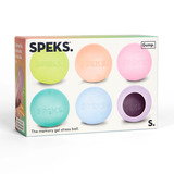 Box displaying six pastel-colored memory gel stress balls in green, peach, pink, teal, blue, and purple. "SPEKS" is printed on each ball. Packaging is clean and modern.