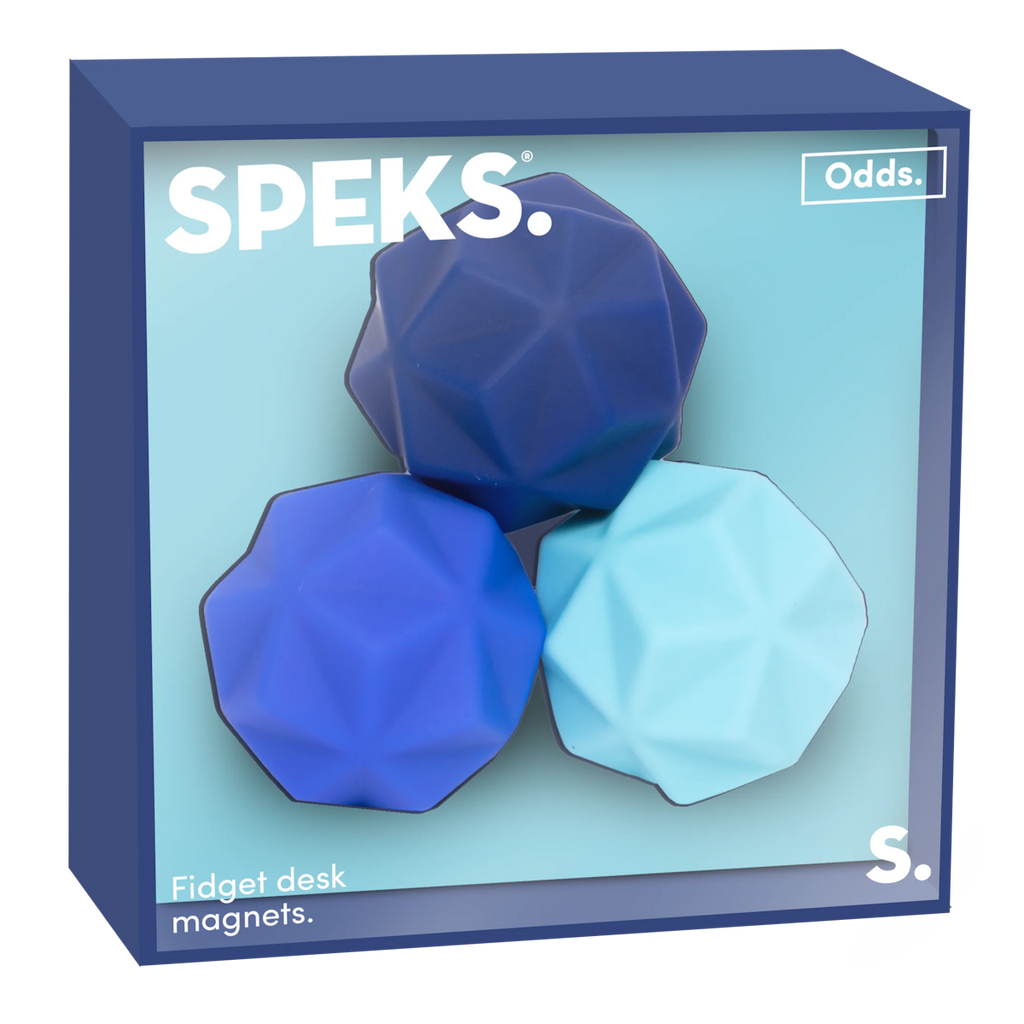 Box of three geometric fidget desk magnets in various shades of blue. The packaging features the brand name "SPEKS." and the word "Odds."