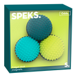 A package containing three bumpy, round fidget desk magnets in teal, dark blue, and yellow, set against a lime green background with the text "SPEKS."
