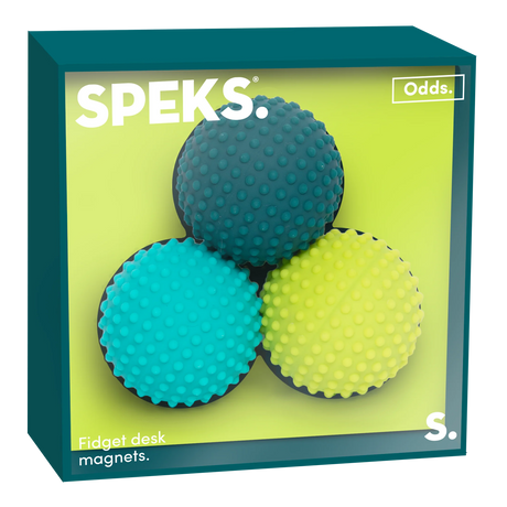 A package containing three bumpy, round fidget desk magnets in teal, dark blue, and yellow, set against a lime green background with the text "SPEKS."