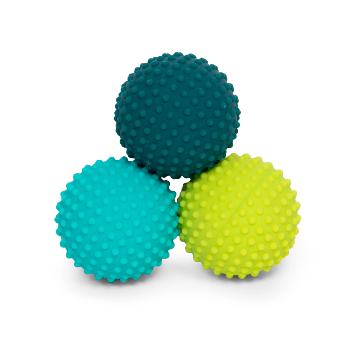 Three textured balls with evenly spaced bumps are arranged in a triangular formation. Colors include dark teal, turquoise, and bright yellow-green.