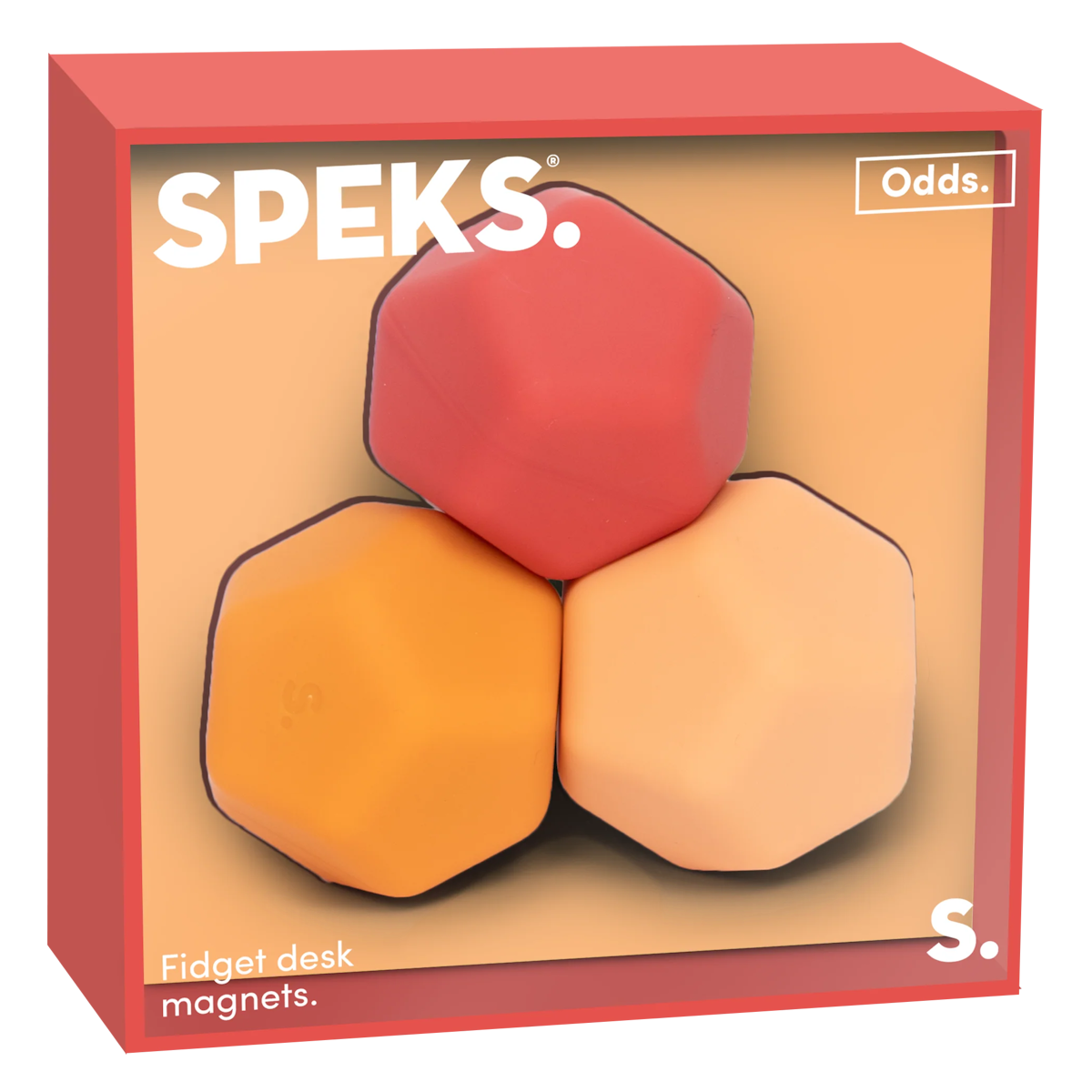 Three polygonal fidget desk magnets in a box. The magnets are red, orange, and peach, set against a soft background. The box has a modern, playful design.