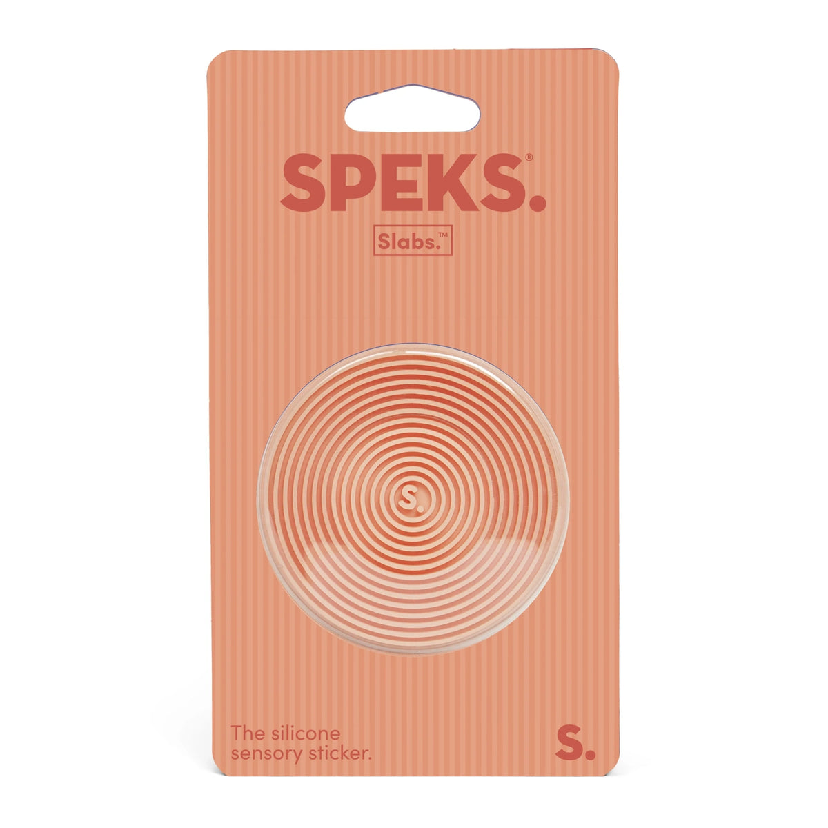 Speks Slabs circular grooved orange silicone sensory sticker in retail packaging.