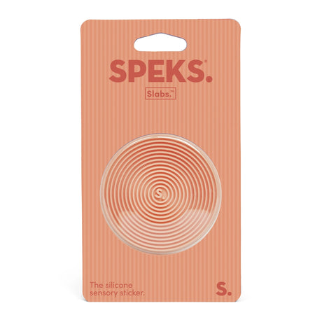 Speks Slabs circular grooved orange silicone sensory sticker in retail packaging.