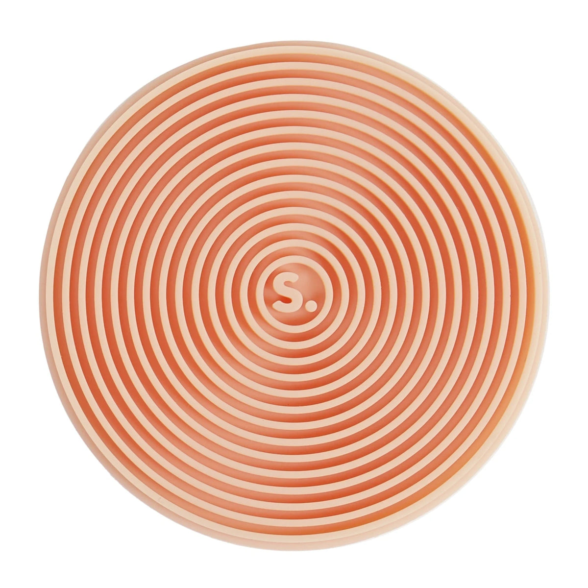 Circular orange silicone sensory sticker with concentric ridges and an "S." logo in the center.
