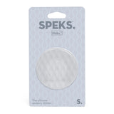 Speks Slabs circular silicone sensory sticker in light grey packaging.
