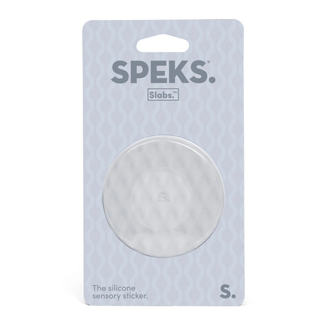 Speks Slabs circular silicone sensory sticker in light grey packaging.