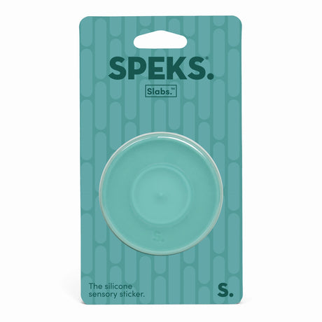 Speks Slabs circular silicone sensory sticker in green packaging.